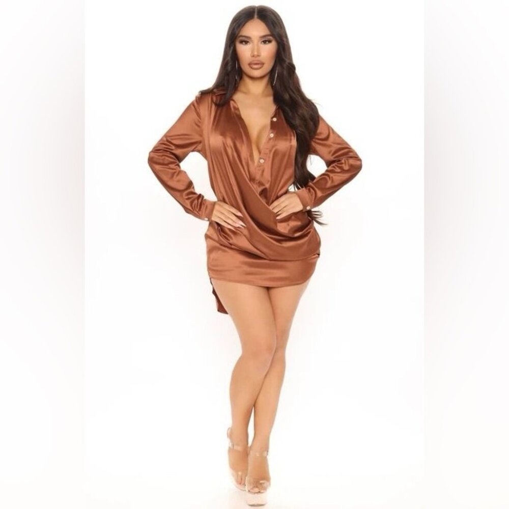 FASHION NOVA Brown satin shirt dress